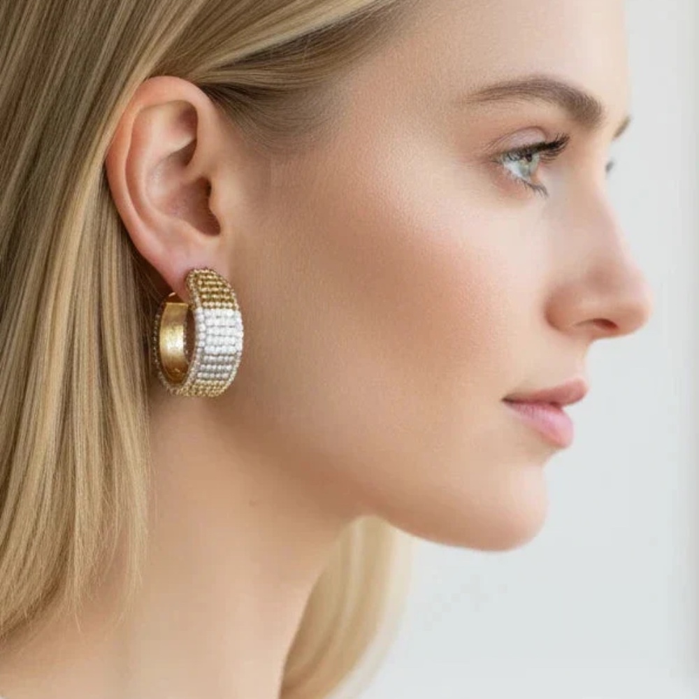 NWT Beautiful Gold Silver and white beaded hoop earrings Bride